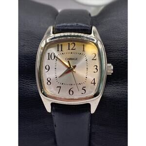 Carriage By Timex Silver Tone Black Leather Quartz Watch New Battery